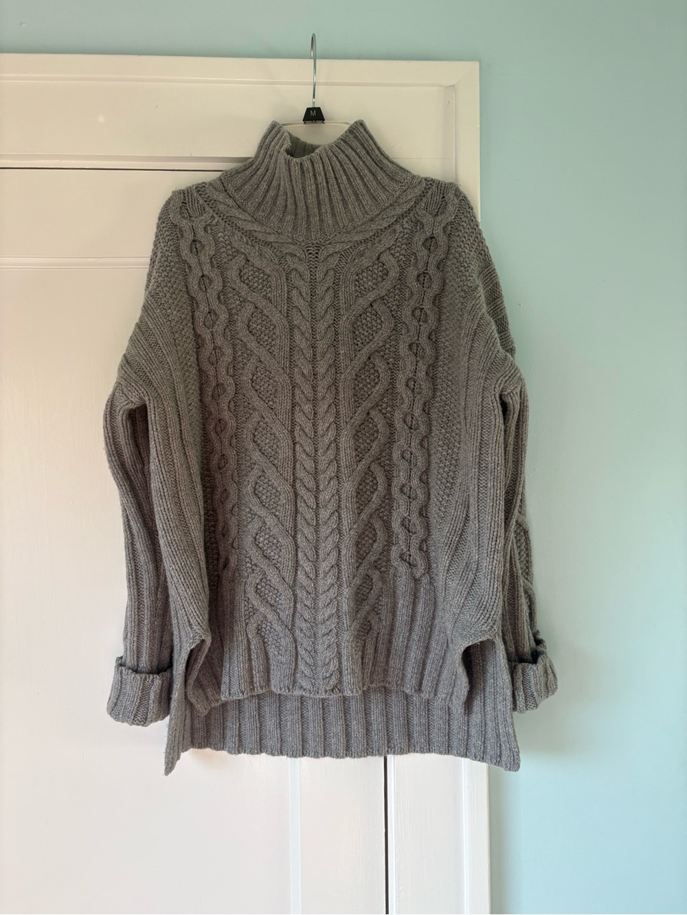 Everlane Gray Wool Cashmere Cable Knit Mockneck Scandi Fisherman Apres Sweater